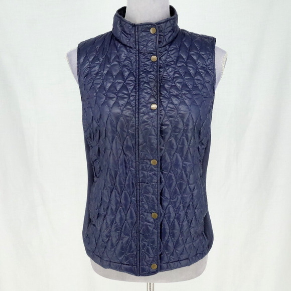 Talbots Puffer Vest Petites MP PM Navy Blue Quilted Full Zip Snaps Pockets - Picture 2 of 16